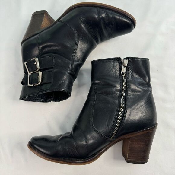 J Crew Dean Leather Ankle Boots Black Buckle Size 7 Block Heel Moto Boho Classic - Picture 1 of 7